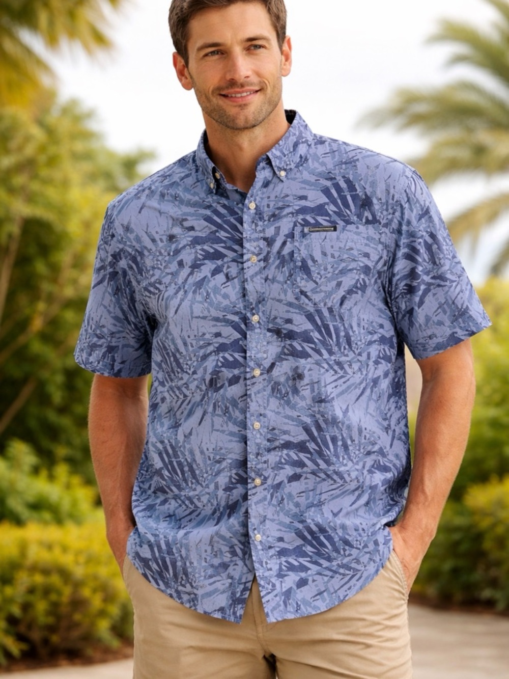 Columbia Blue Tropical-Print Short Sleeve Button-Down Shirt
